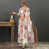 Sommar litterär vintage All-Match Long Dress V-Neck Drawstring High Waist Slim Short-Sleeved Women Gratis 210527