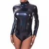Glänsande holografiska kvinnor bodysuit med långärmad ocke våt look tillbaka dragkedja skinny playsuits sommar fest nattklubb jumpsuits 210728