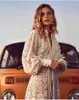 Кружева элегантные пустые женские платья Boho фонарь с длинным рукавом высокая талия повязка с жилью MIDI белый и черная женская мода