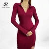 SINGREINY Women Korean Knitted Dress Long Sleeve V Neck Elastic Slim Pencil Dresses Autumn Sexy Bodycon Split Sweater Dress 211110