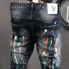 Moda Streetwear Homens Jeans Alta Qualidade Slim Fit Tinta Designer Jeans Homens Elastic Hip Hop Calças Emenda Biker Jeans Homme 210622