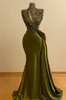 Underbara olivgrön sjöjungfru prom evneing klänningar vintage hög nackhylsa ärmpärlor applikationer rufsar långa festtillfällen klänningar bc4422