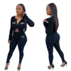 Dos piezas Crop Top Pantalones Trajes Diseñador Mujeres Rib Zipper Cardigan Leggings Trajes de jogging negros Conjuntos de suéter con bordado de letras