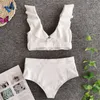 GNIM Ruffle Bikini Swimwear Women With Belt Summer Solid Swimming Suit For High Waist Brazilian Swimsuit Two Pieces 210621