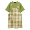 PERHAPS U Women Green Short Sleeve T-shirt Mini Plaid Strap Pocket Skirt Two Pieces Set Oversize Summer T0337 210529