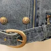 Nieuwe stijl Topkwaliteit Originele Design Dames Double-Breasted Denim jas Motorfiets jas metalen gesp jas korte jas uitloper