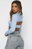 Women's T-Shirt Sexy Women Solid Slim Crop Top Female Fashion Long Sleeve Halter Lace Up Basic Autumn Ribbed Short Tee Tops 2021