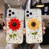 Real Sunflower Torkad Pressad Folie Mjuka TPU Fodral för iPhone 12 Pro Max Mini 11 XR XS X 8 7 6 Plus Fashion Flower Confetti Sequin Back Cover