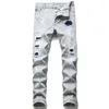 Män Slim Fit Ripped Jeans Badge Hole förstörde mager rakt ben tvättade män frayed Motocycle Denim Pants Hip Hop Stretch Biker 2987