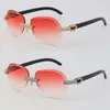 Lunettes de soleil sans monture pour hommes et femmes Lunettes de soleil originales en corne de buffle noire Monture ronde surdimensionnée pour hommes et femmes avec lentille faciale de forme ovale Ensemble de diamants micro-pavés optique