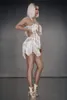 Vrouwen sexy witte franjes jurk stretch mouwloze outfit skinny kostuum festival verjaardag prom-show uit één stuk show