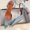 2024 Blue Women Pumps Silk Satin Pointy Toe Crystal High Heels Shoes Slip On Wedding Fashion Retro Sandal