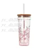 Japanese style s Mugs sakura Wooden cover Straw cups 591ML Cherry blossom Double layer glass coffee cups gift2012984