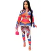 Dames tweedelige broek ZOctuo Print Set Lange mouw Outfits Mode Turn-down Collar Bandage Shirt Broek Trainingspak