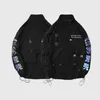 Techwear Multi-Pocket Reflective Print Cargo Jackets Coats Män Casual Streetwear harajuku Loose Ytterwear Hip Hop Windbreaker 211029