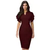 Bom para sempre vintage cor sólida elegante escritório trabalho vestidos festa de negócios bodycon plissado mulheres vestido b572 210224