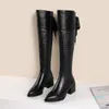 Bottes pointues Toe Toe Haut Haute Cuir Talon Cuir Femme Zip Bloc Longue Dentelle Femme Chaussures Noir 42