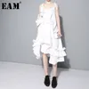 [eam] ربيع جديد غير النظامية متعدد الطبقات الكشكشة الصلبة اللون فضفاض الأزياء مثير اللباس الأبيض المرأة العصرية المد j211 210309