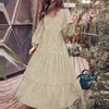 Casual Dresses Herbst Winter Floral Chiffon Langes Kleid Frauen V-Ausschnitt Hohe Taille Schlank Vintage Elegante Robe Maxi Big Hem Vestidos Femme