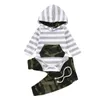 Toddler Baby boys clothes 3pcs Neonato Neonato Ragazzi Felpe con cappuccio Pagliaccetto a righe Tuta Pantaloni mimetici Abiti Set 210226