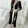 Casual Dresses Contrast Color Fashion Knitted Slim Maxi French Vintage Cardigan Long Sleeve Strappy Dress Vestidos De Mujer 2021