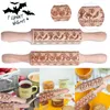 Halloween Trä Prägling Rolling Pin Fondant Cake Kakor Mönster Pumpa Spindlar Bats Graverade Roller Bakning Verktyg Tillbehör 211008