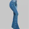 Pantalones vaqueros acampanados de cintura alta de algodón azul para mujer, pantalones vaqueros ajustados sexis con remaches, pantalones acampanados de mezclilla de calidad para mujer 211129