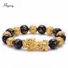 Hot Sale Black Obisdian Beads Stone Bracelets Six Words Feng Shui Bracelet Gold Color Wealth Pixiu Bracelet Women Men Jewlry