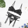 Broderie Sexy Lingerie Femmes Mince Transparent Dentelle Push Up Soutien-Gorge Ensemble Soutien-Gorge + Jarretières + String 3 Pièces Ensemble Voir À Travers Sous-Vêtements Noir X0526