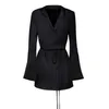 Zwarte elegante jurk voor vrouwen gekerfd lange mouw hoge taille veter omhoog slanke lijn mode mini jurken vrouwelijke lente 210531