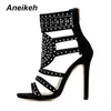 Sandały Aneikeh Kobiety Moda Otwarte Toe Rhinestone Design High Heel Sandals Kryształowe Kostki Wrap Glitter Diament Gladiator Czarny rozmiar 35-42 220121