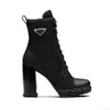 Designer de luxo mulher moda botas de couro e tecido de náilon botas femininas tornozelo motociclista austrália salto plataforma tênis de inverno com caixa