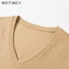 WOTWOY 夏カジュアルソリッド V ネック Tシャツ女性ニットコットンベーシック半袖トップス女性ソフトホワイト Tシャツ原宿 220307