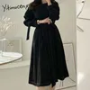 Yitimuceng Midi Dresses for Women Fashion High Waist with Belt Dress Long Sleeve White Black Sundress Spring Office Lady 210601