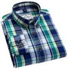 イギリス風メンズ格子縞長袖カジュアルシャツレギュラーフィットボタンカラーデザイン100％コットン高品質男性ソーシャルシャツ210708