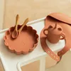 5Pcs/Set Cute Cartoon Lion Baby Silicone Plate Spoon Set Feeding Bowl Silica Gel Dishes Kids Tableware 211026