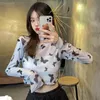 QNPQYX Cool Sexy Farfalla Estate Camicie Protezione Femminile Maglia Manica Lunga Base Camicia Pizzo Prospettiva T-Shirt da Donna