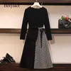 Plus Size Women Dress Spring Autumn Autumn Korean Slave Long Patchwork Dress Office Lady Lady cintura A-line Dresses Mulheres vestidos y1006