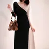 Kobiety Vintage Długa Dress Color Block Sexy V Neck Sleeve Bowtie Sash Slim Talia Linia Casual Party Maxi Robe 210603