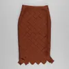Moda marrón a cuadros tejido diseño vendaje falda mujeres lápiz bodycon sexy con flecos cintura alta midi ropa de mujer 210527