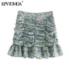 KPYTOMOA Women Chic Fashion With Ruffled Pleated Printed Mini Skirts Vintage High Waist Back Zipper Female Mujer 210629