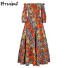 Kadınlar için Afrika Elbiseler Moda Çiçek Baskı Slash Boyun Üç Çeyrek Kol Maxi Elbise Yüksek Bel Vintage Uzun Elbise Sonbahar 220118