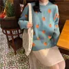 Women Pullovers Knitted Orange Print O-neck Long Sleeve Winter Warm Thick Loose Preppy Style Sweet Fresh Tender Girls Sweaters Y1110