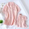 Japanese-style summer ladies cotton double-layer crepe gauze short-sleeved shorts pajamas suit large size home service women 210809