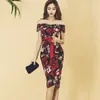 OL off shoulder korean ladies elegant print ruffle retro flower bodycon Party Dresses for women china clothing 210602