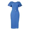 Bleu O Cou Volant Manches Haute Taille Slim Bureau Robe Serrée Mode es pour Femmes Soirée Robes 210527