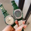 famous brand geometric graphics Watches for women Genuine leather clock full crystal Green diamond Bezel Quartz Wrist watch 32mm1870650