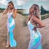 Branco Brilhante Lantejoulas Maxi Vestido Split Frente Cruz Tiras Sem Costas Vestido de Festa Noite Longo Vestido Feestjurken