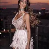 High Quality Pink White Feathers Rayon Bandage Dress Elegant Night Club Party Dress Vestidos 210306