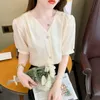 Summer Korean Silk Women Blouses Satin Office Lady Shirts Elegant Short Sleeve Woman Shirt Plus Size XL Blusas Mujer De Moda 210531